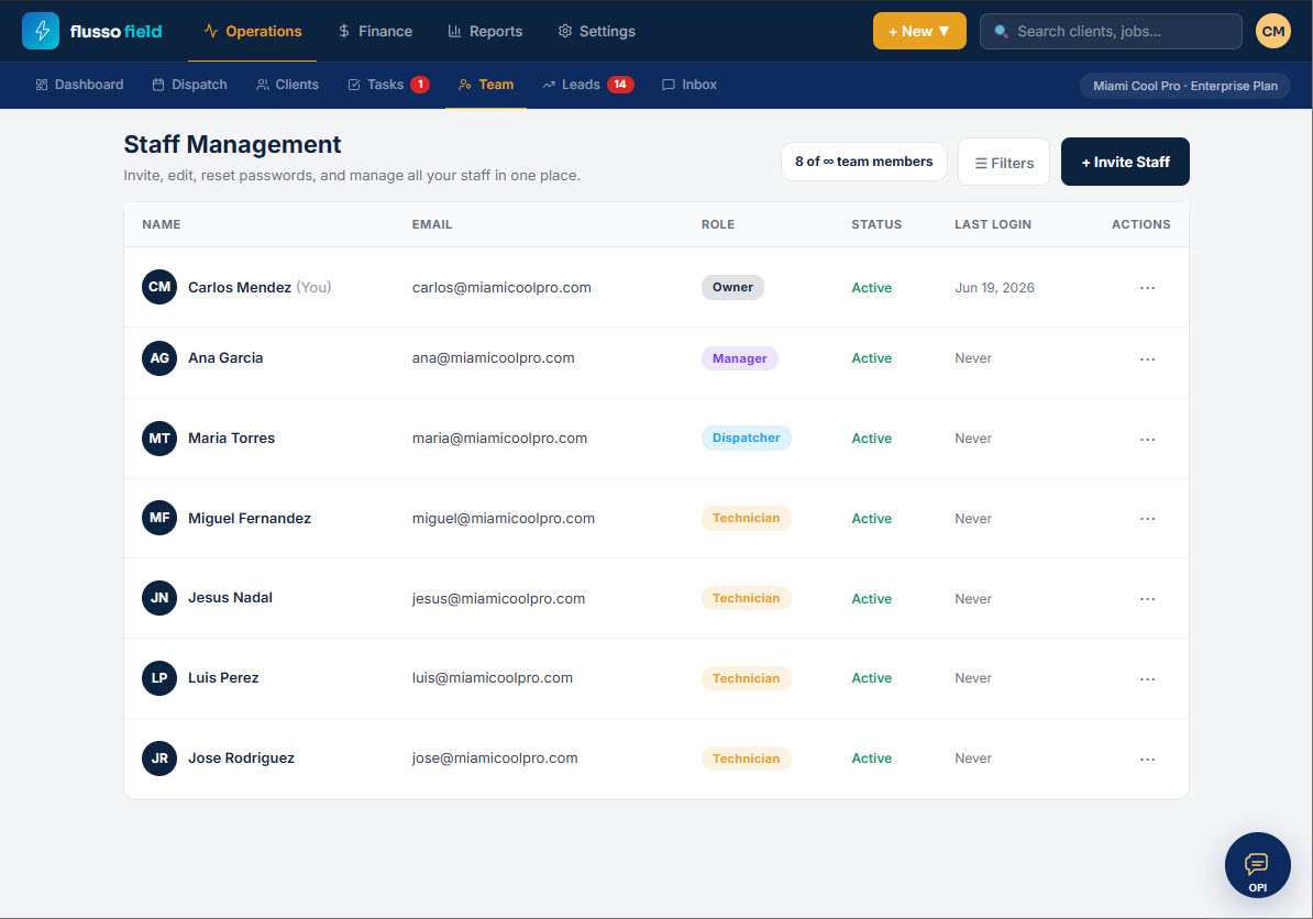Team management screen